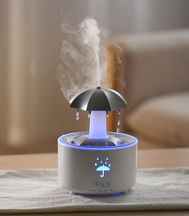 Rotating Umbrella Rain Humidifier – Raindrop Aroma Essential Oil Diffuser with Remote Control, Night Light & Water Drop Sound for Home