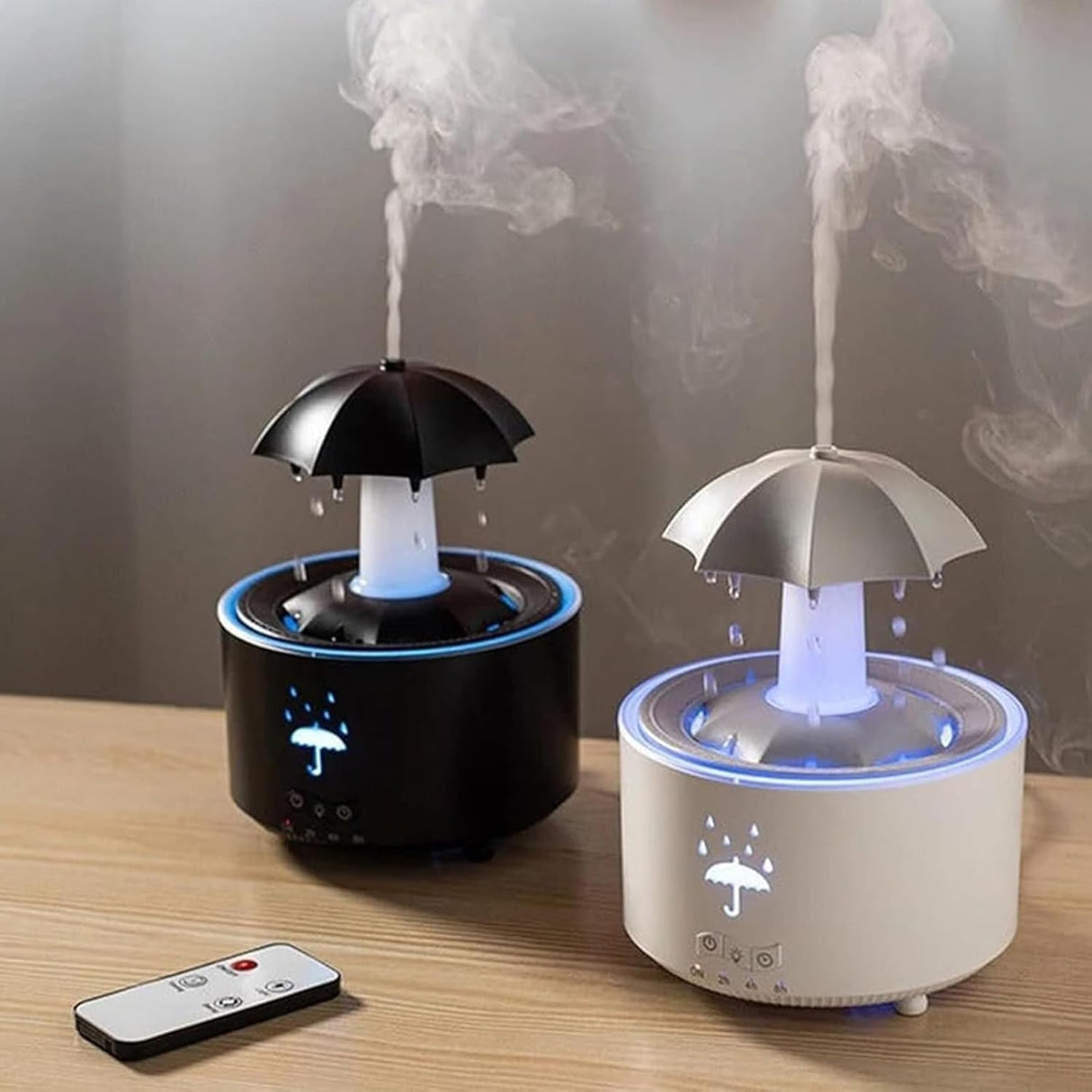 Rotating Umbrella Rain Humidifier – Raindrop Aroma Essential Oil Diffuser with Remote Control, Night Light & Water Drop Sound for Home