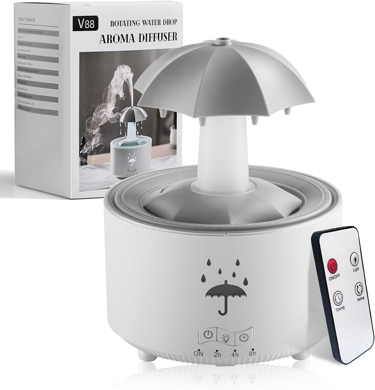 Rotating Umbrella Rain Humidifier – Raindrop Aroma Essential Oil Diffuser with Remote Control, Night Light & Water Drop Sound for Home