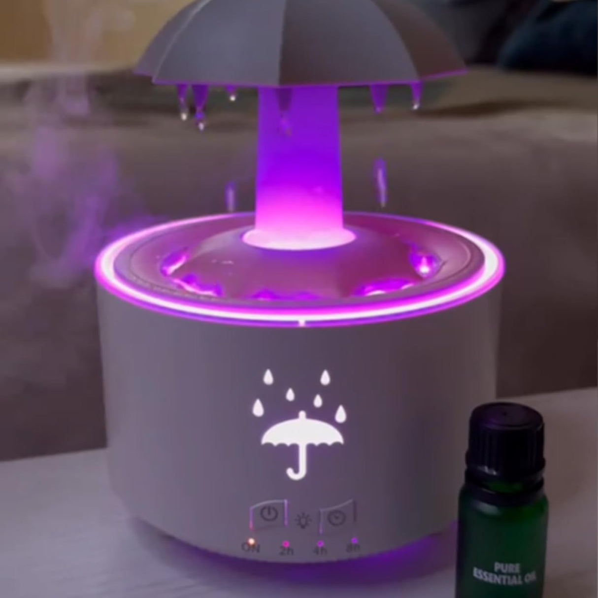 Rotating Umbrella Rain Humidifier – Raindrop Aroma Essential Oil Diffuser with Remote Control, Night Light & Water Drop Sound for Home