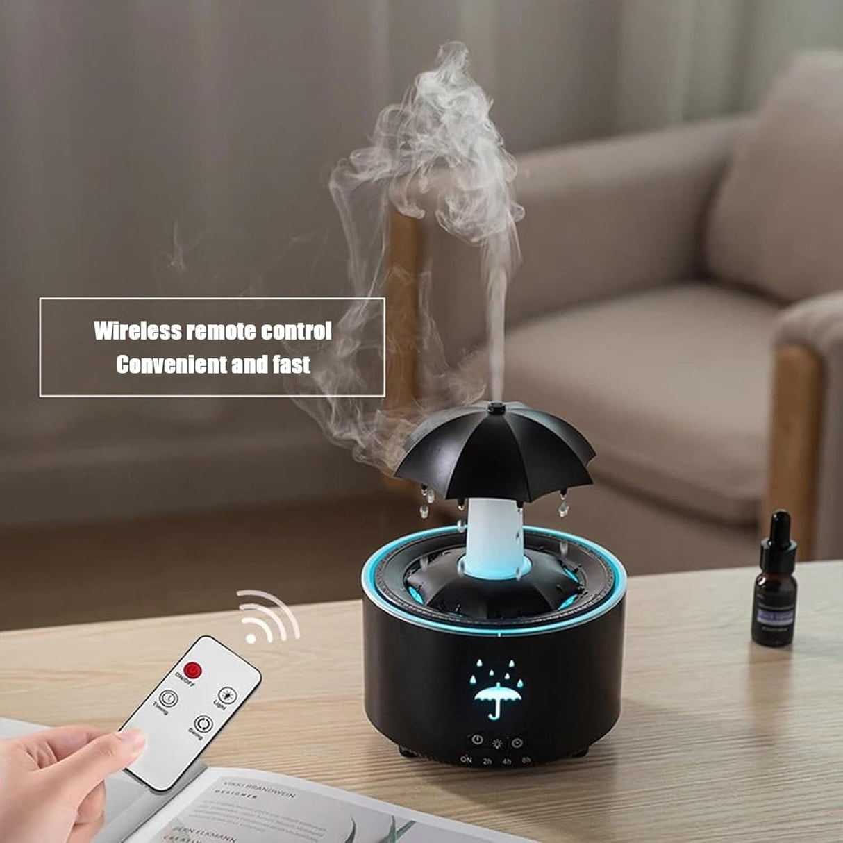 Rotating Umbrella Rain Humidifier – Raindrop Aroma Essential Oil Diffuser with Remote Control, Night Light & Water Drop Sound for Home