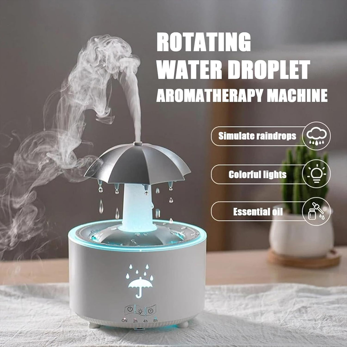 Rotating Umbrella Rain Humidifier – Raindrop Aroma Essential Oil Diffuser with Remote Control, Night Light & Water Drop Sound for Home