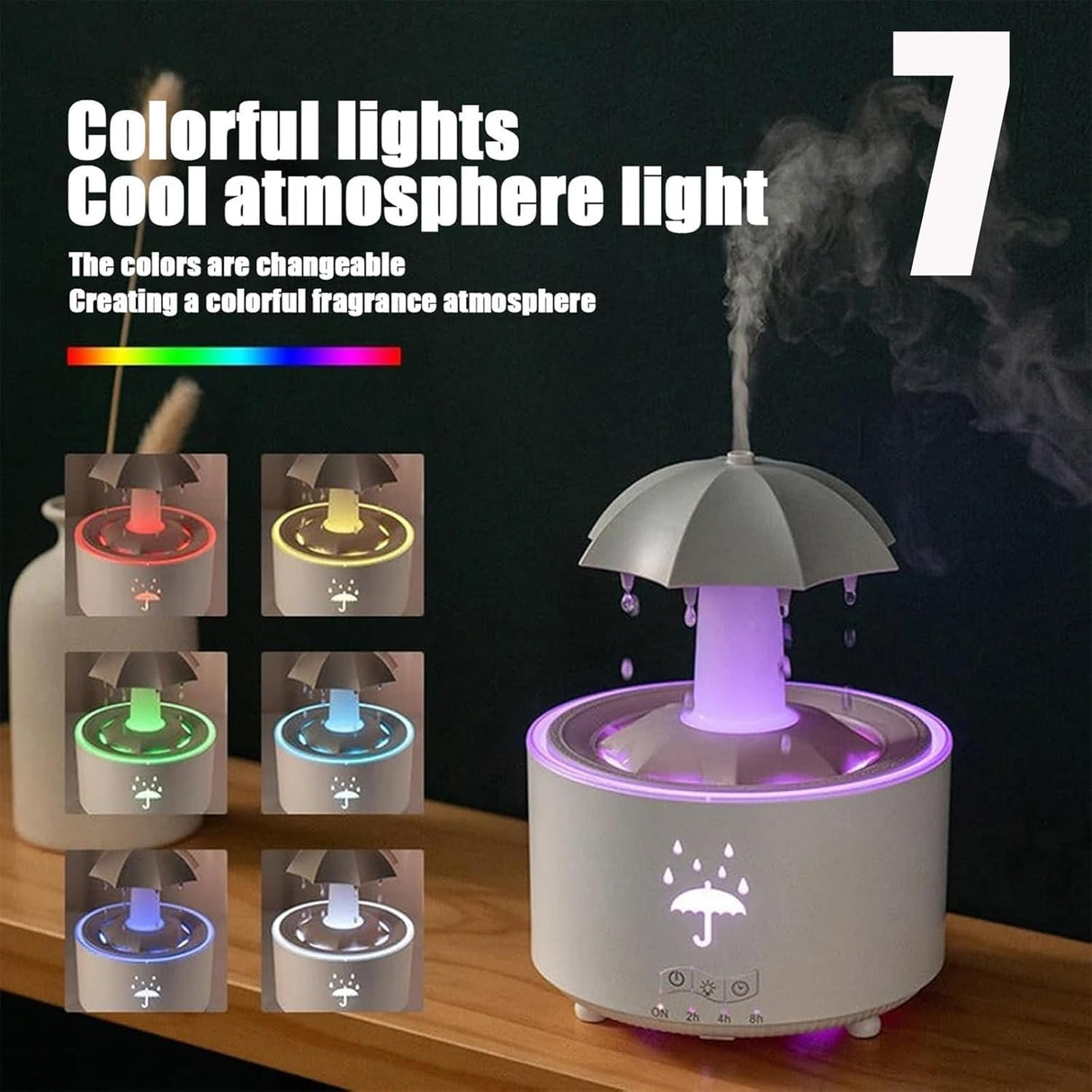 Rotating Umbrella Rain Humidifier – Raindrop Aroma Essential Oil Diffuser with Remote Control, Night Light & Water Drop Sound for Home