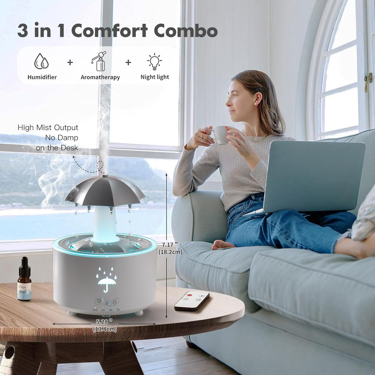 Rotating Umbrella Rain Humidifier – Raindrop Aroma Essential Oil Diffuser with Remote Control, Night Light & Water Drop Sound for Home