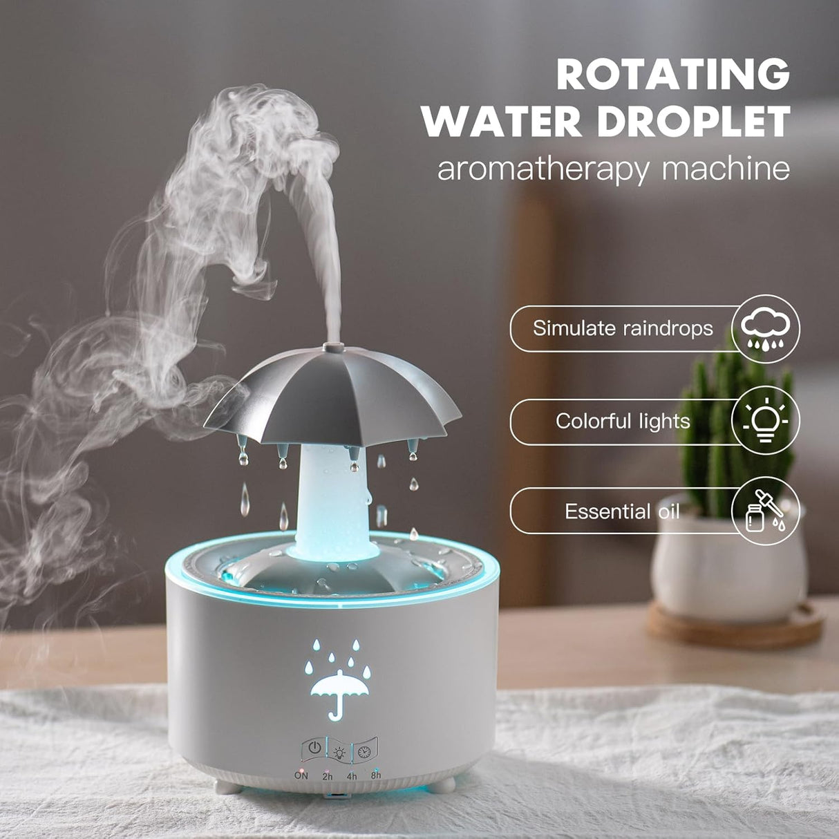 Rotating Umbrella Rain Humidifier – Raindrop Aroma Essential Oil Diffuser with Remote Control, Night Light & Water Drop Sound for Home