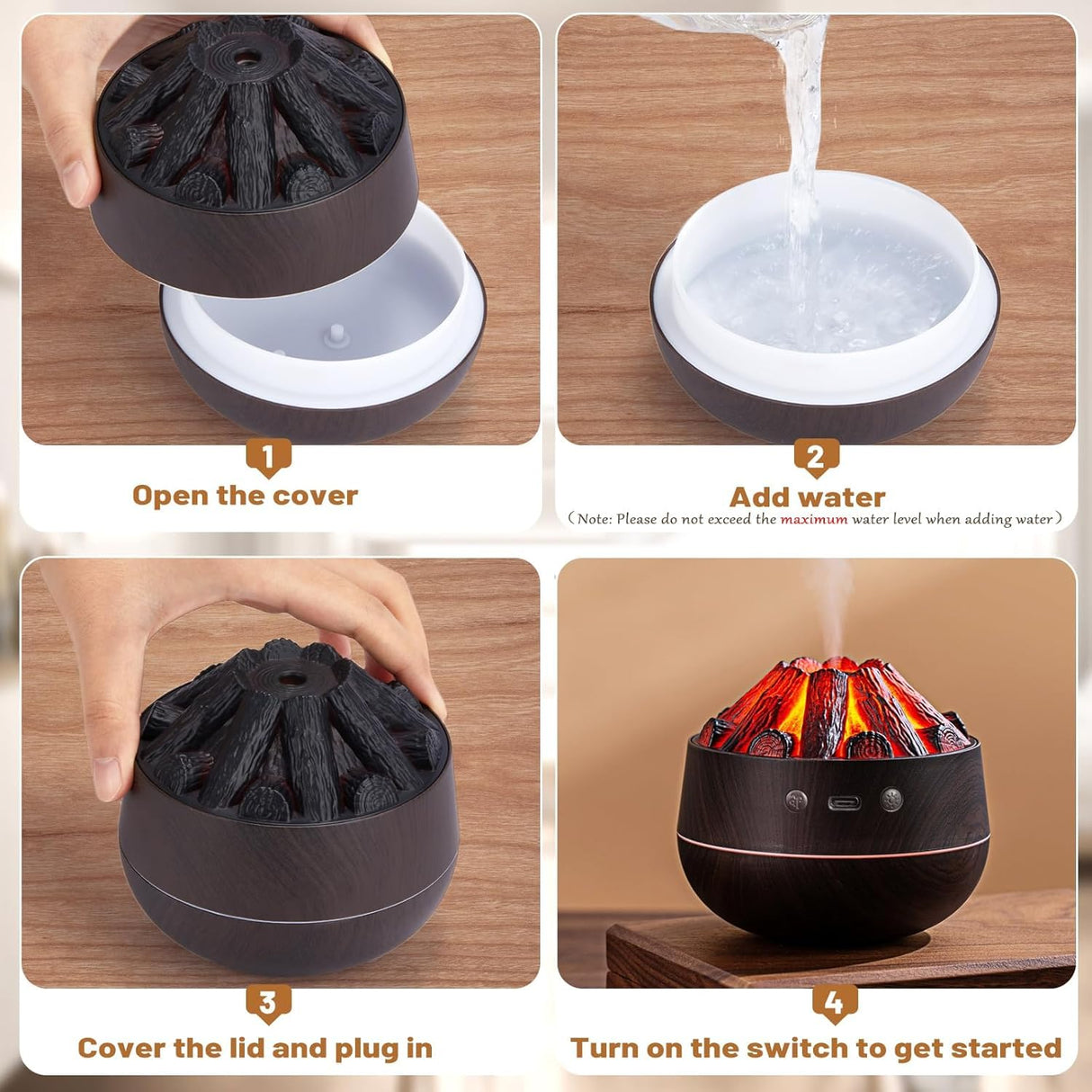 Charcoal Fire Air Humidifier & Aroma Diffuser β Mini Mist Sprayer with Night Light for Home