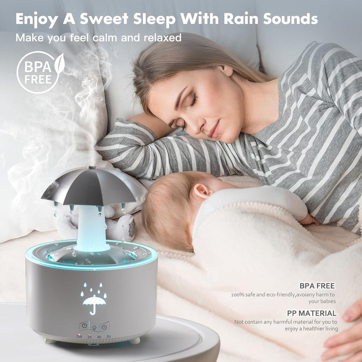 Rotating Umbrella Rain Humidifier – Raindrop Aroma Essential Oil Diffuser with Remote Control, Night Light & Water Drop Sound for Home