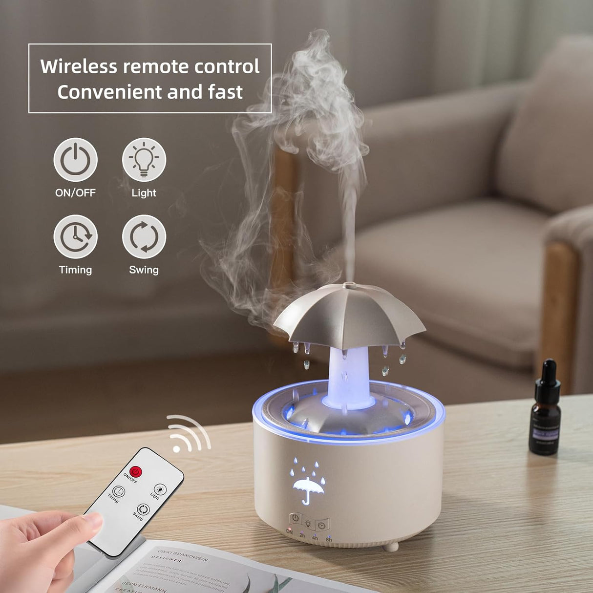 Rotating Umbrella Rain Humidifier – Raindrop Aroma Essential Oil Diffuser with Remote Control, Night Light & Water Drop Sound for Home