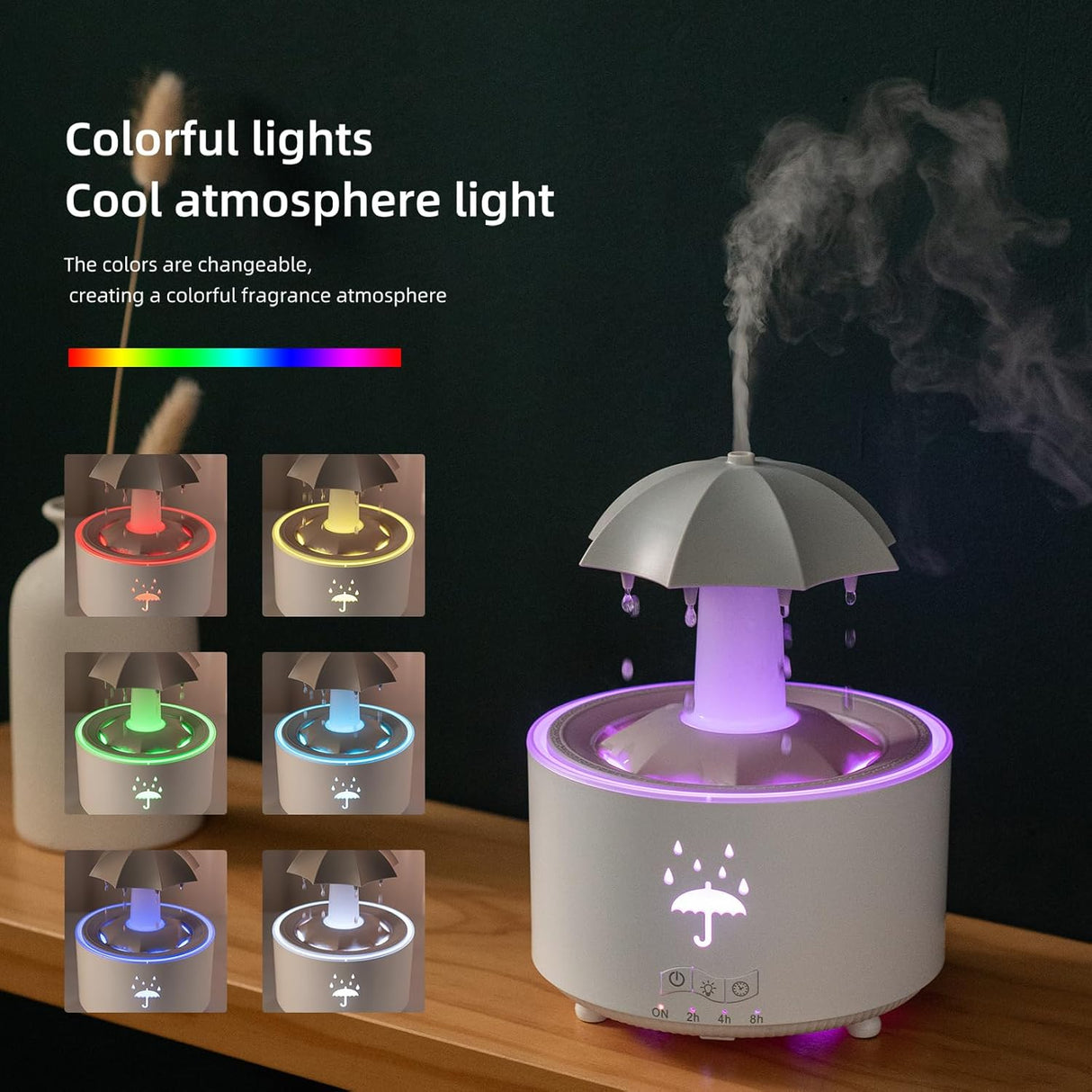 Rotating Umbrella Rain Humidifier – Raindrop Aroma Essential Oil Diffuser with Remote Control, Night Light & Water Drop Sound for Home