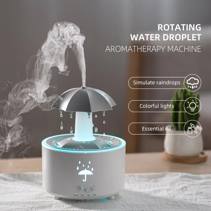 Rotating Umbrella Rain Humidifier – Raindrop Aroma Essential Oil Diffuser with Remote Control, Night Light & Water Drop Sound for Home