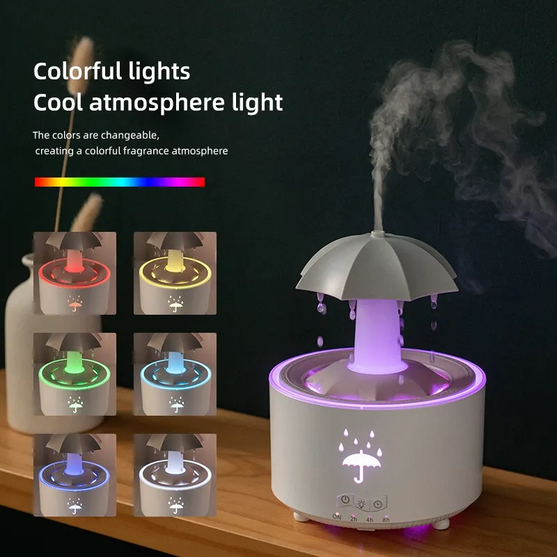 Rotating Umbrella Rain Humidifier – Raindrop Aroma Essential Oil Diffuser with Remote Control, Night Light & Water Drop Sound for Home