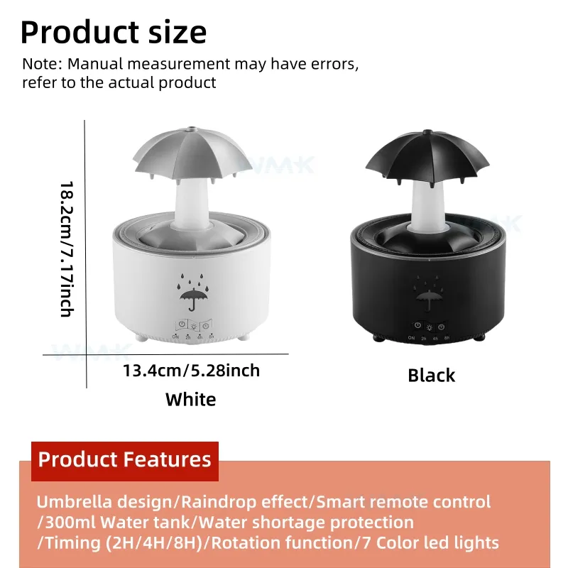 Rotating Umbrella Rain Humidifier – Raindrop Aroma Essential Oil Diffuser with Remote Control, Night Light & Water Drop Sound for Home