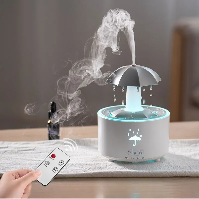 Rotating Umbrella Rain Humidifier – Raindrop Aroma Essential Oil Diffuser with Remote Control, Night Light & Water Drop Sound for Home
