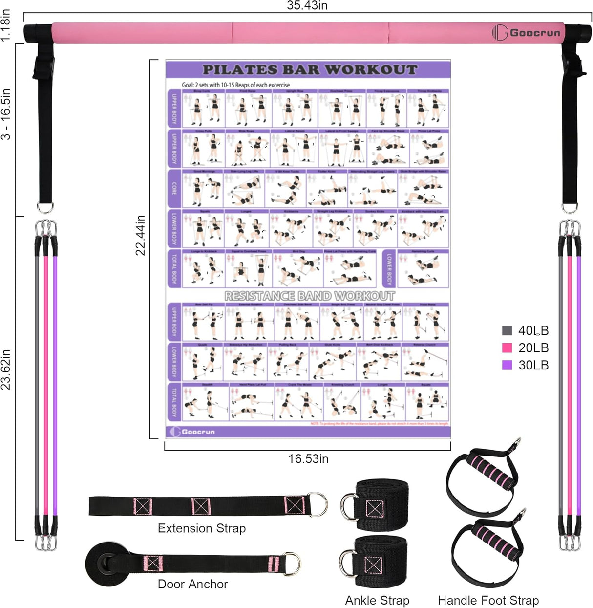 Portable Pilates Bar Kit with Resistance Bands for Men and Women - 3 Set Exercise Resistance Bands - Multifunctional Home Gym - Supports Full-Body Workouts