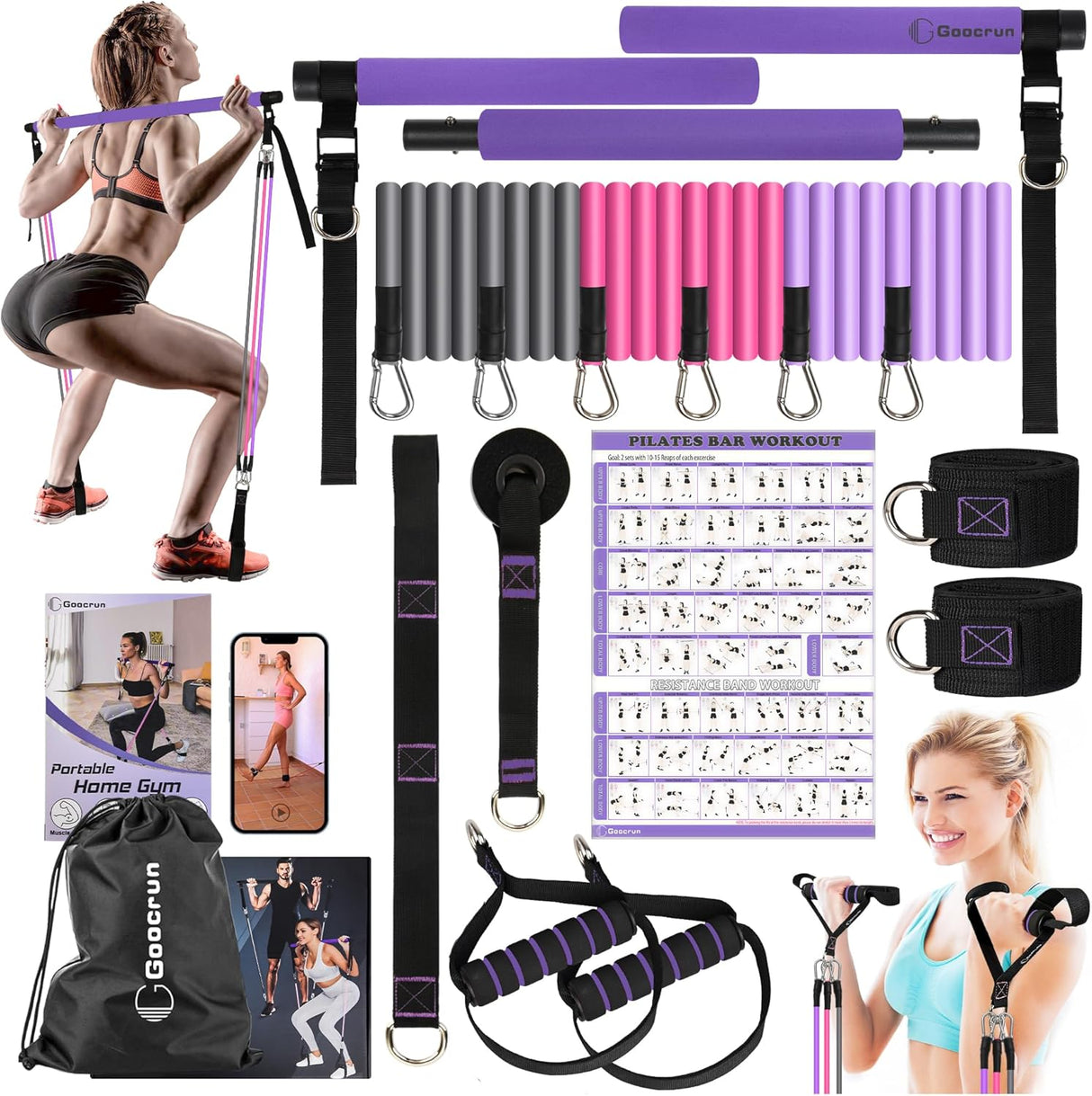 Portable Pilates Bar Kit with Resistance Bands for Men and Women - 3 Set Exercise Resistance Bands - Multifunctional Home Gym - Supports Full-Body Workouts