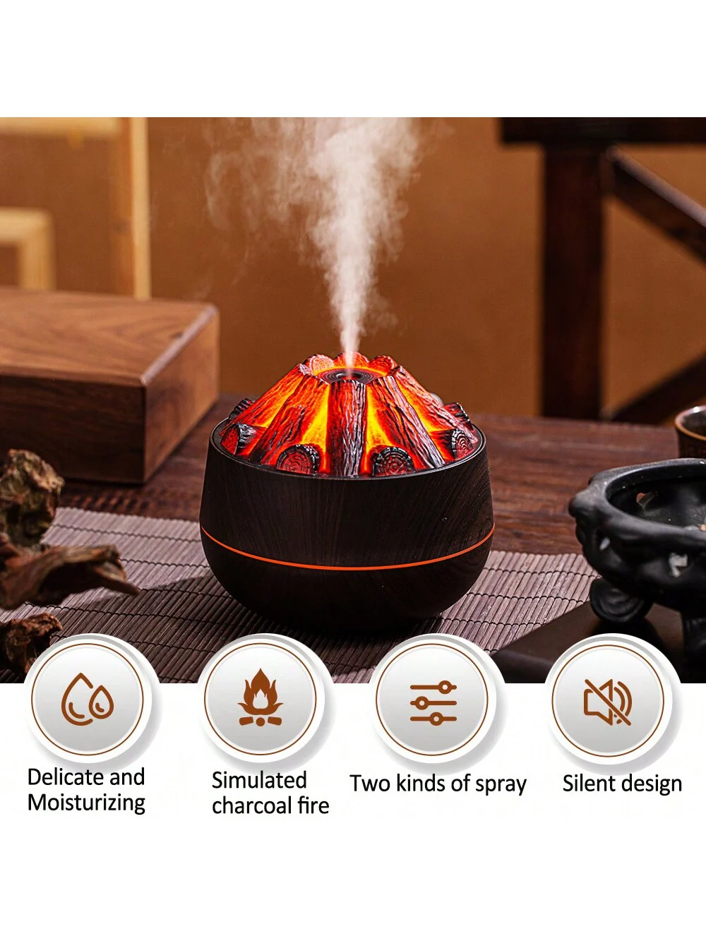 Charcoal Fire Air Humidifier & Aroma Diffuser – Mini Mist Sprayer with Night Light for Home
