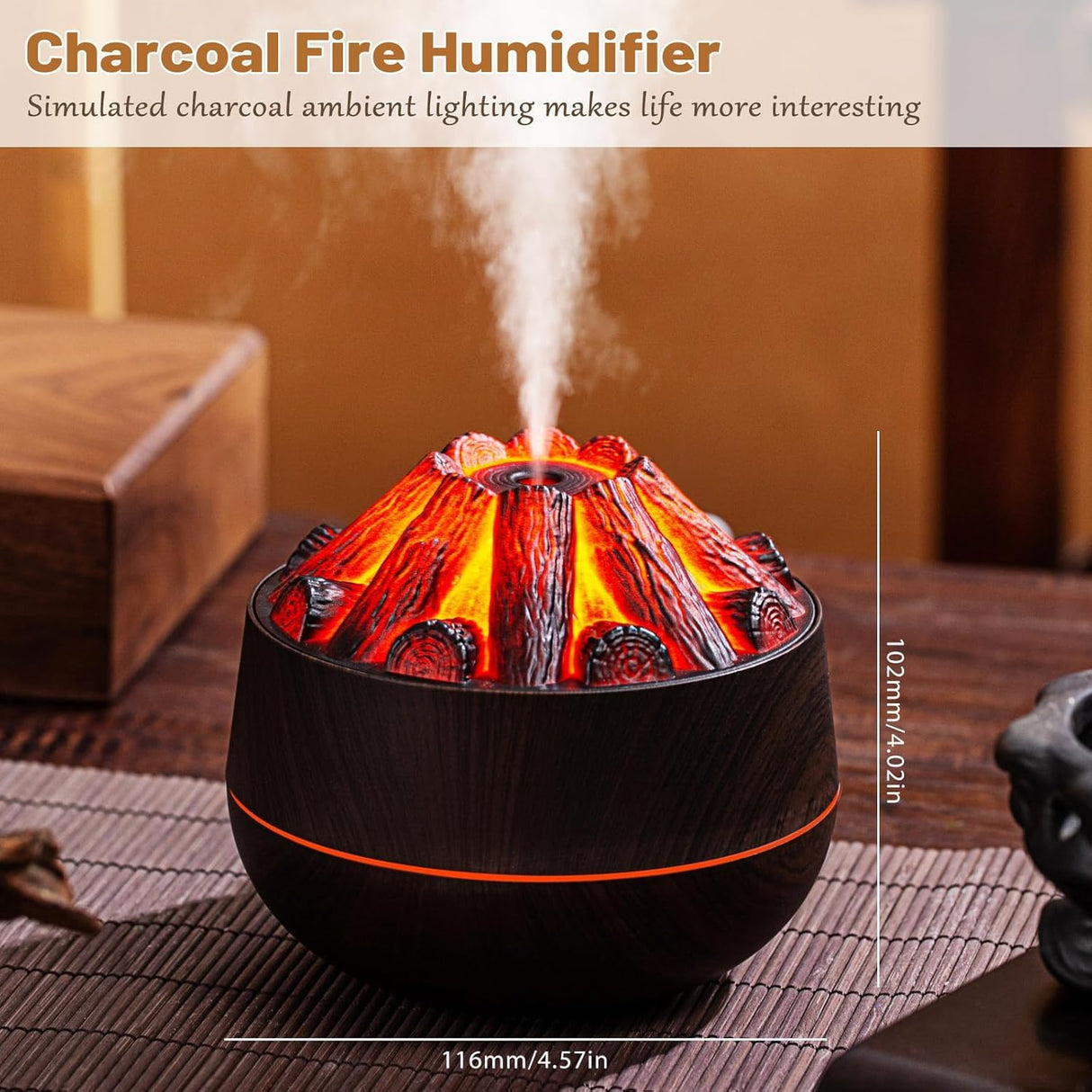 Charcoal Fire Air Humidifier & Aroma Diffuser – Mini Mist Sprayer with Night Light for Home