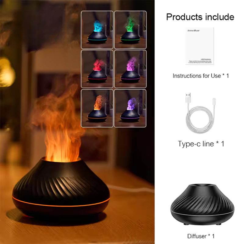 Volcano Flame Diffuser – 130ml Aromatherapy Essential Oil Diffuser with Realistic Firelight Effect