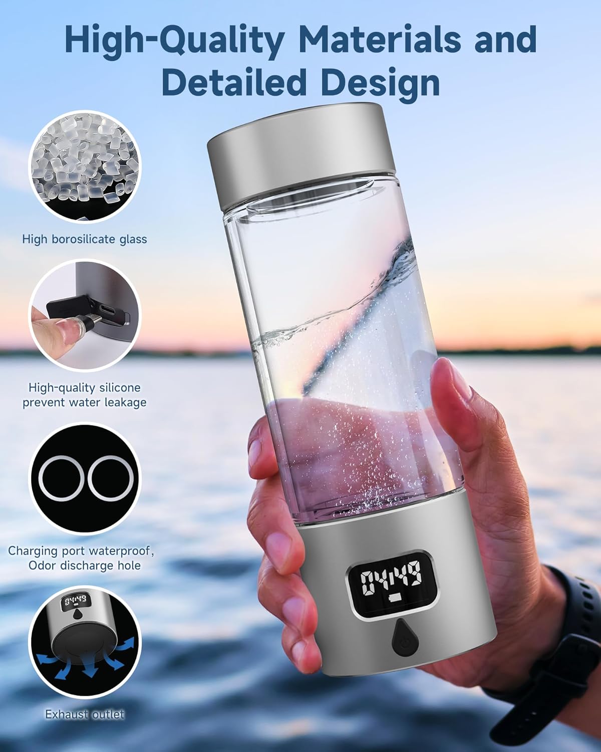 Portable Hydrogen Water Bottle 5000PPB Rechargeable 340ml