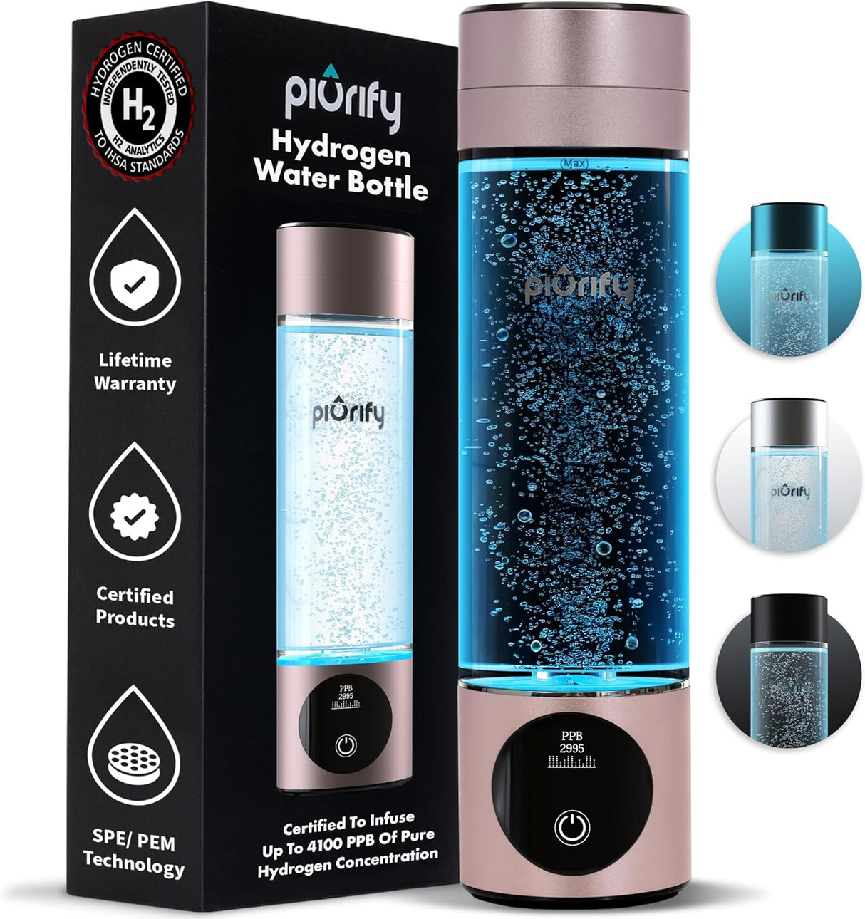 Piurify's Hydrogenator Bottle 4100+ PPB Portable & Durable